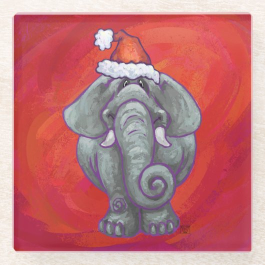 Elephant Christmas on Red Glasuntersetzer (Vorderseite)