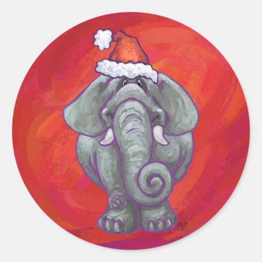Elephant Christmas on Red Runder Aufkleber (Vorderseite)