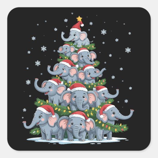 Elephant Christmas Tree Funny Cute Elephant Quadratischer Aufkleber (Vorderseite)