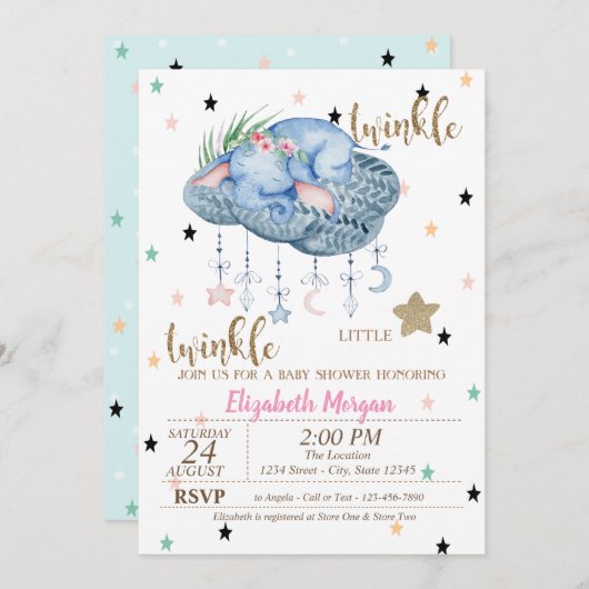Elephant Cloud, Twinkle Little Star Baby Dusche Einladung (Vorne/Hinten)