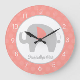 Elephant Coral and Gray Kinderzimmer Girls Große Wanduhr