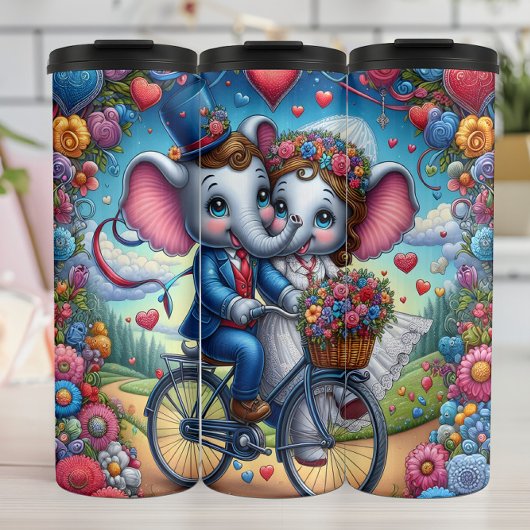 Elephant Couple Bicycle Wedding Thermosbecher