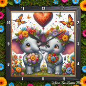 Elephant Couple Floral Crown Quadratische Wanduhr