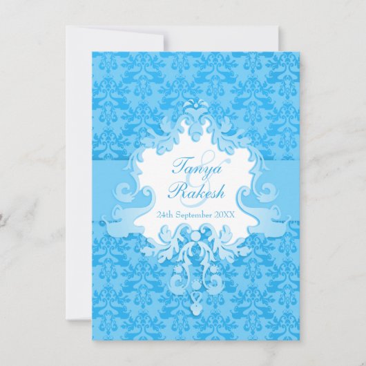 Elephant Damask Aqua Blue Hochzeit Einladung (Vorderseite)