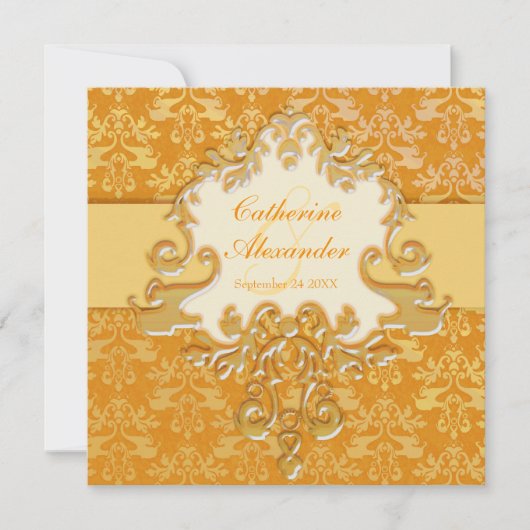 Elephant Damask Gold & Creme Hochzeitsplatz einlad Einladung (Vorderseite)
