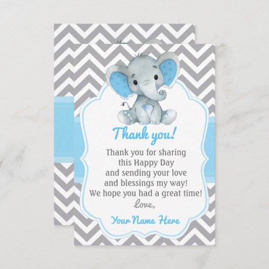 Elephant Dankeschön Card Blue Gray Zickzack Boy Dankeskarte (Vorne/Hinten)