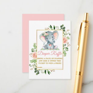 Elephant Diaper Raffle Pink Roses Baby Dusche Begleitkarte