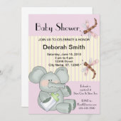 Elephant Dragonfly Pink Stripe Babydusche Einladung (Vorne/Hinten)