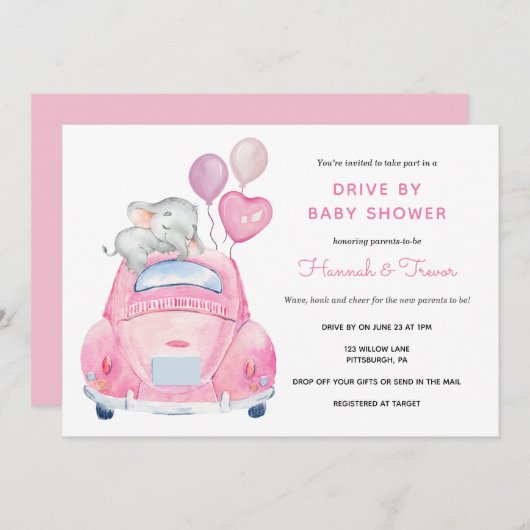 Elephant Drive by Baby Girl Dusche Einladung (Vorne/Hinten)