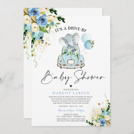 Elephant Drive by Baby Shower Einladung blau (Vorne/Hinten)