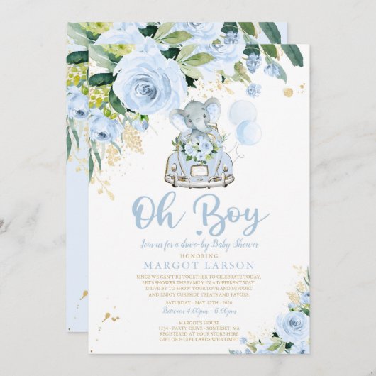 Elephant Drive by Baby Shower Einladung Blue Rose (Vorne/Hinten)