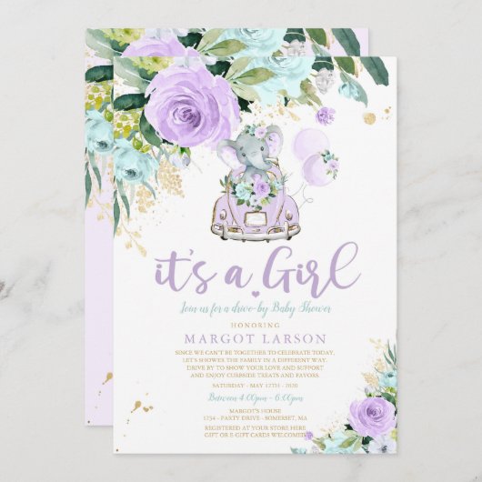 Elephant Drive by Baby Shower Einladung Lila (Vorne/Hinten)