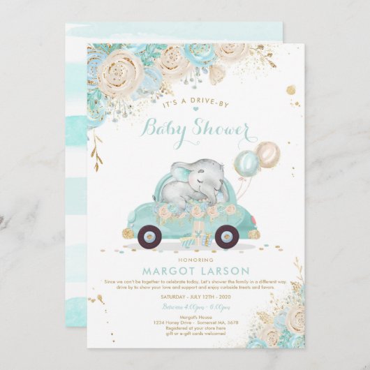 Elephant Drive by Baby Shower Einladung Minze (Vorne/Hinten)