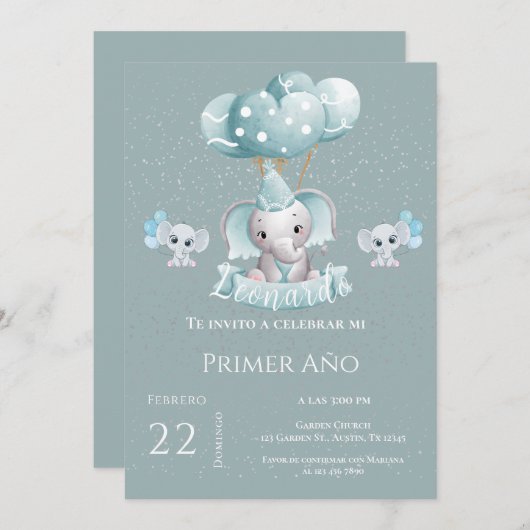 Elephant Einladung zum 1. Geburtstag (Vorne/Hinten)