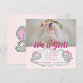Elephant Es ist ein Girl Pink Foto Geburtshinweis (Vorne/Hinten)