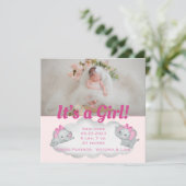 Elephant Es ist ein Girl Pink Foto Geburtshinweis (Stehend Vorderseite)