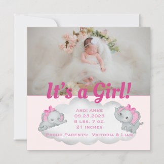 Elephant Es ist ein Girl Pink Foto Geburtshinweis
