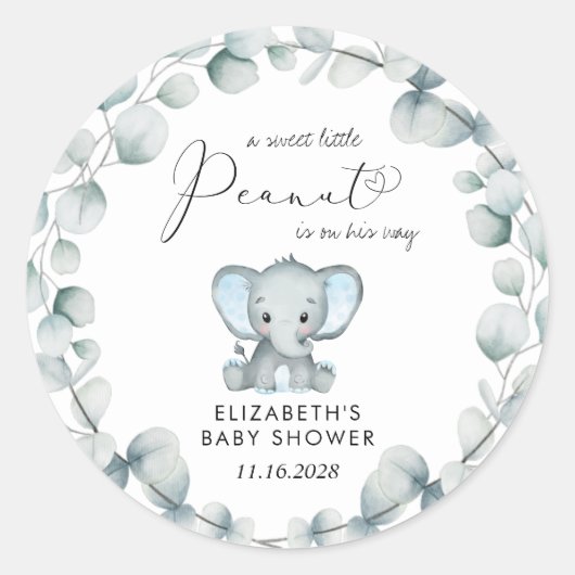 Elephant Eucalyptus Baby Boy Dusche Runder Aufkleber (Vorderseite)