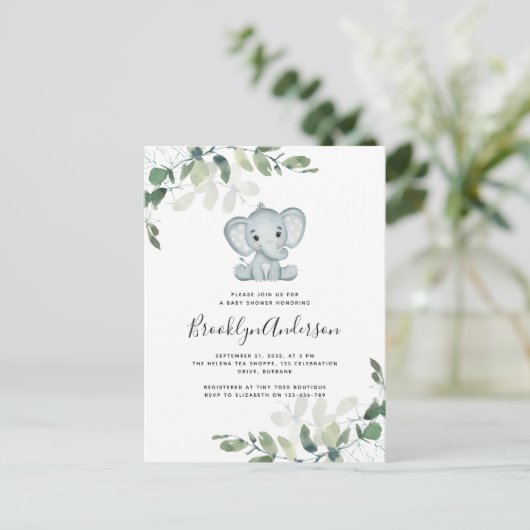Elephant Eucalyptus Baby Shower Einladung Postkarte (Stehend Vorderseite)