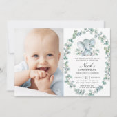 Elephant Eucalyptus Greenery Boy Birthday Foto Einladung (Vorderseite)