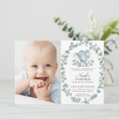 Elephant Eucalyptus Greenery Boy Birthday Foto Einladung (Stehend Vorderseite)