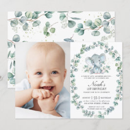 Elephant Eucalyptus Greenery Boy Birthday Foto Einladung