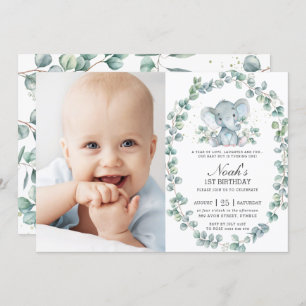 Elephant Eucalyptus Greenery Boy Birthday Foto Einladung