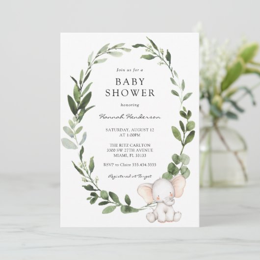 Elephant Eucalyptus Wreath Baby Shower Einladung (Stehend Vorderseite)