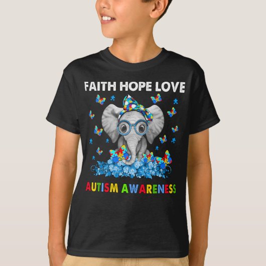 Elephant Faith Hope Liebe Autismus Bewusstsein T-Shirt (Vorderseite)