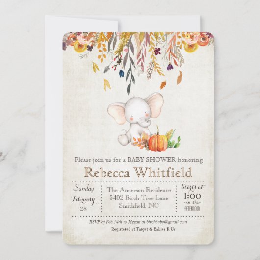 Elephant Fall Pumpkin Babydusche Einladung (Vorderseite)