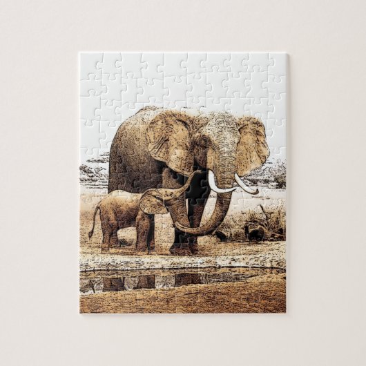Elephant Family Illustration Tierart Puzzle (Vertikal)