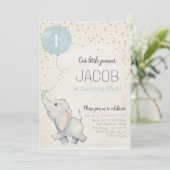 Elephant First Birthday Baby Shower Einladung (Stehend Vorderseite)