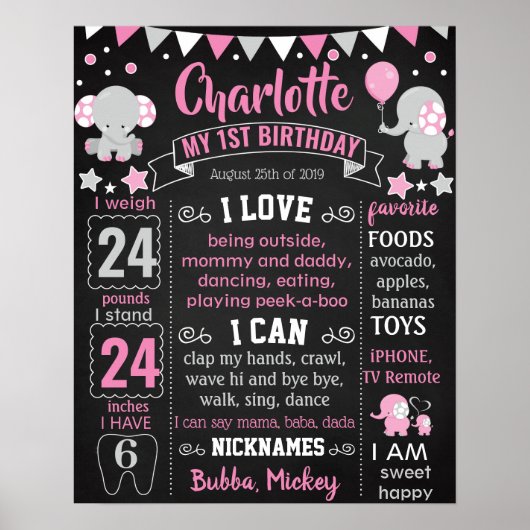 Elephant First Birthday Chalkboard-Zeichen Poster (Vorne)