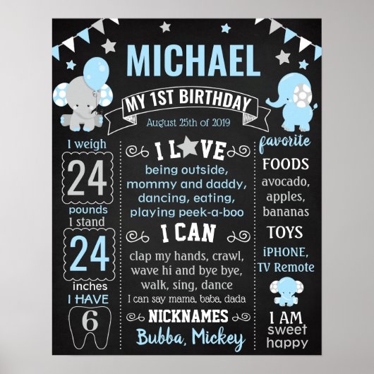 Elephant First Birthday Party Chalkboard Poster (Vorne)