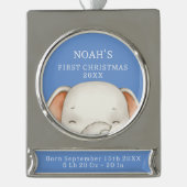 Elephant First Christmas Blue Baby Boy Birth Stats Banner-Ornament Silber (Vorderseite)