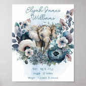 Elephant Floral Baby Boy Kinderzimmer Geburtenstat Poster (Vorne)