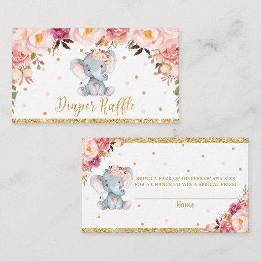 Elephant Floral Baby Showdiaper Raffle Ticket E Begleitkarte (Vorne/Hinten)