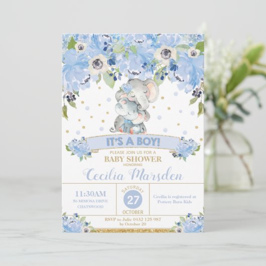 Elephant Floral Baby Shower Einladung Junge (Stehend Vorderseite)