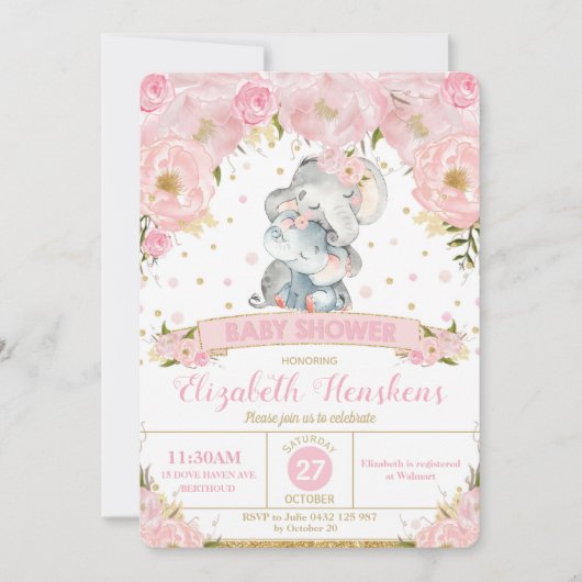 Elephant Floral Baby Shower Invitation Girl Einladung (Vorderseite)