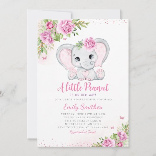 Elephant Floral Baby Shower Invitation Girl Einladung (Vorderseite)