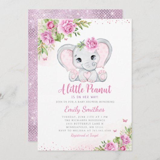 Elephant Floral Baby Shower Invitation Girl Einladung (Vorne/Hinten)