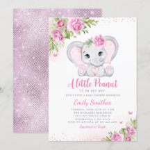 Elephant Floral Baby Shower Invitation Girl