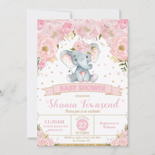 Elephant Floral Baby Shower Invitation Girl Einladung (Vorderseite)