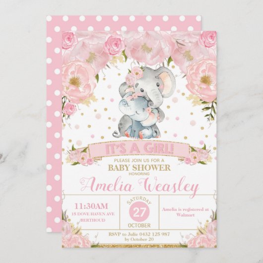 Elephant Floral Baby Shower Invitation Girl Einladung (Vorne/Hinten)