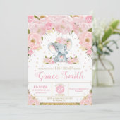 Elephant Floral Baby Shower Invitation Girl Einladung (Stehend Vorderseite)