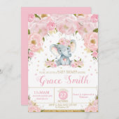 Elephant Floral Baby Shower Invitation Girl Einladung (Vorne/Hinten)
