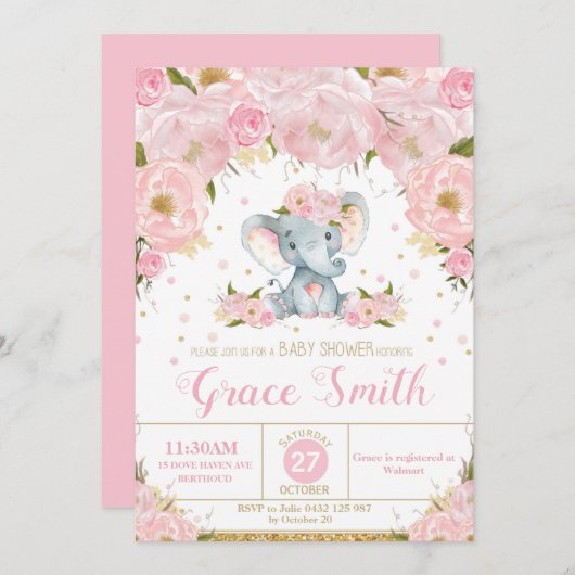 Elephant Floral Baby Shower Invitation Girl Einladung (Vorne/Hinten)