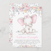 Elephant Floral Diamond Girl Babydusche Einladung (Vorne/Hinten)