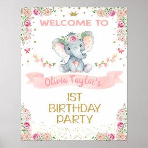 Elephant Floral Erster Geburtstag Begrüßungszeiche Poster