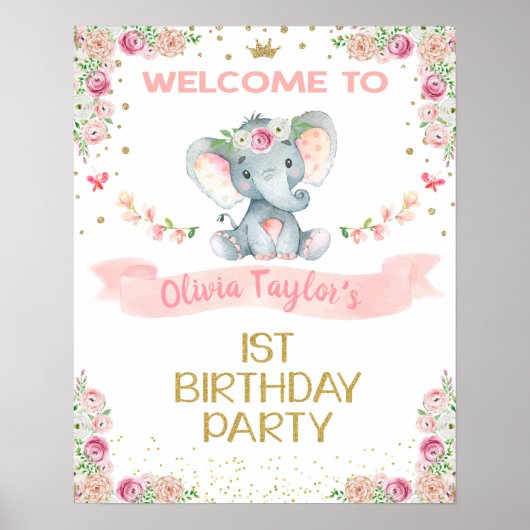 Elephant Floral Erster Geburtstag Begrüßungszeiche Poster (Vorne)